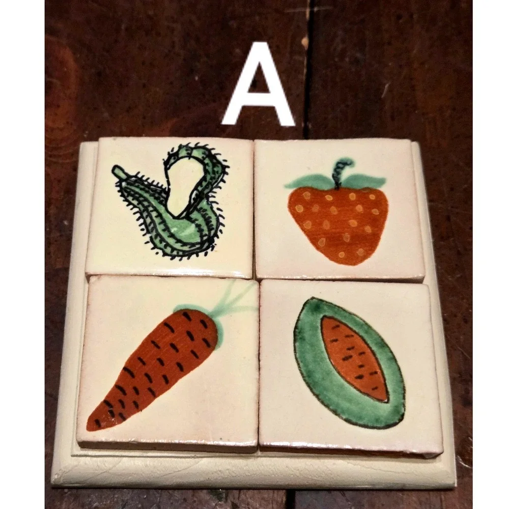 Vintage Hand Painted Ceramic Tile Coaster Fruit Vegetable Folk Art Your Choice
